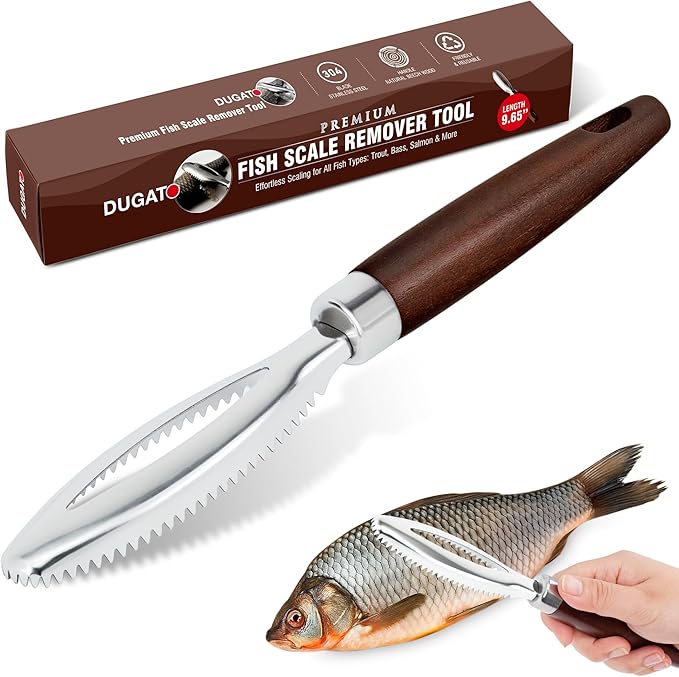 Dugato Fish Scale Remover Tool with Wooden Handle – Stainless Steel Fish Scaler Scraper for Quick & Easy Fish Cleaning – Rustproof Serrated Edge Seafood Descaling Tool for Kitchen & Outdoor Use