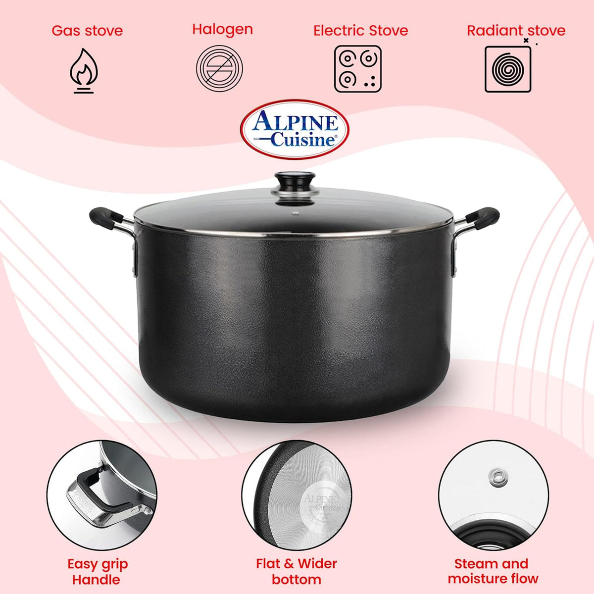 Alpine Cuisine 38 Quart Non-stick Stock Pot with Tempered Glass Lid and Carrying Handles, Multi-Purpose Cookware Aluminum Dutch Oven for Braising, Boiling, Stewing