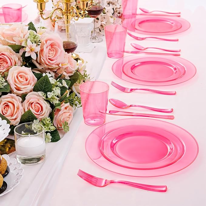 WDF 180 Pieces Pink Plastic Silverware Disposable - Clear Pink Cutlery Sets 60 Forks, 60 Knives and 60 Spoons - Heavy Duty Disposable Utensils for Wedding, Party