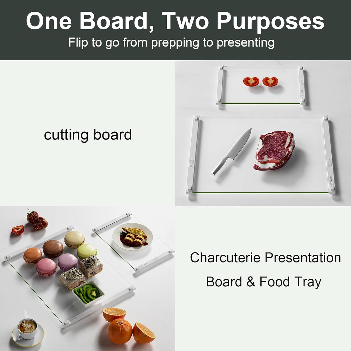 2PCS Glass Cutting Board with Silicone Grip, 80% Stronger Shatter Resistance and Slip Resistance,No Scratches/Microplastic-Free,Dishwasher Safe, Non Toxic Cutting Board for Kitchen-White
