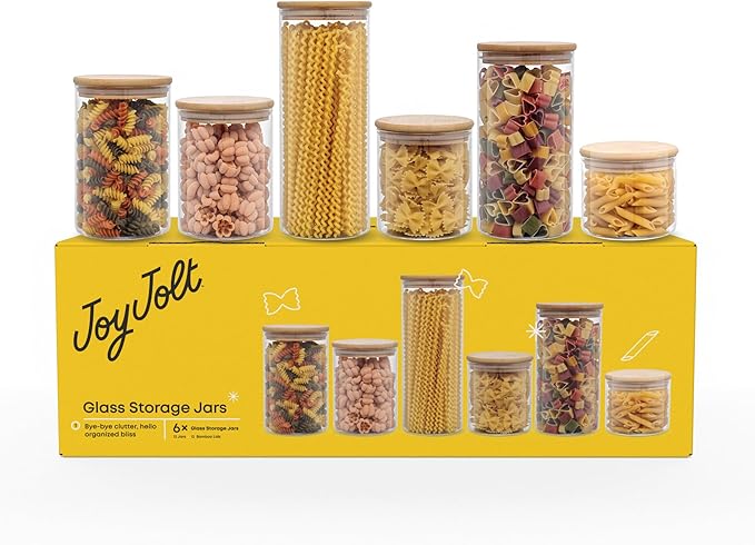 JoyJolt Borosilicate Glass Jars With Bamboo Lids. 6 Pc Set of Air Tight Sealable Containers. Food Jar Canisters with Airtight Lid for Pantry Storage and Kitchen Organization.