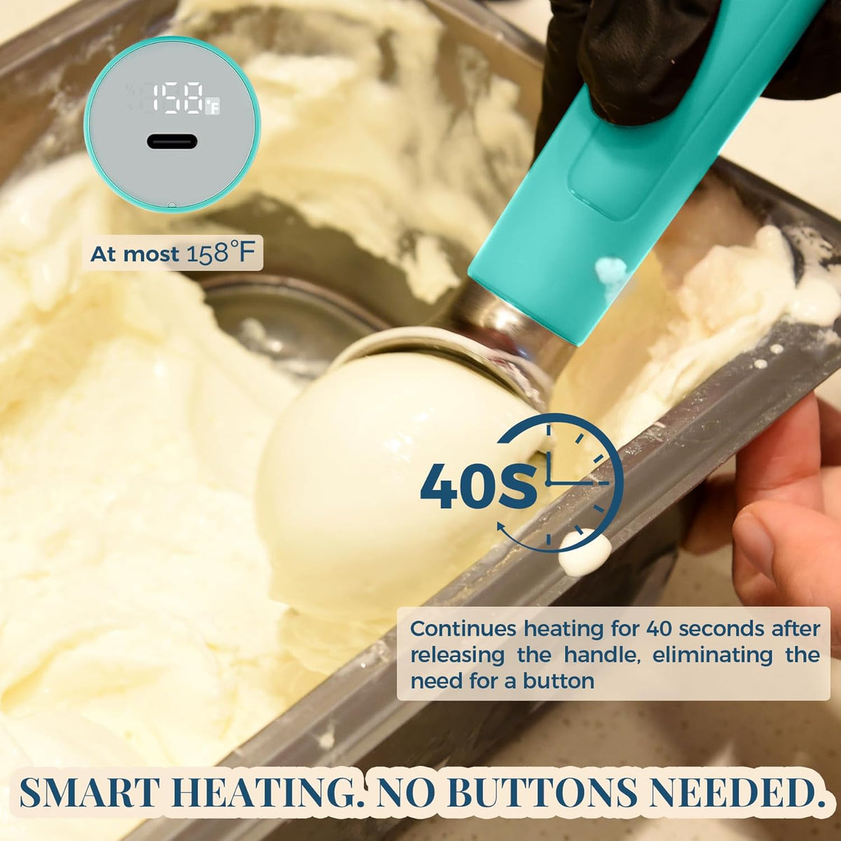Heated Ice Cream Scoop Rechargeable, Electric Warming Ice Cream Scooper with LED Display, Heats to 158°F for Hard Ice Cream, Easy for Seniors & Kids, IP67 Waterproof (Retro Mint, 2oz)