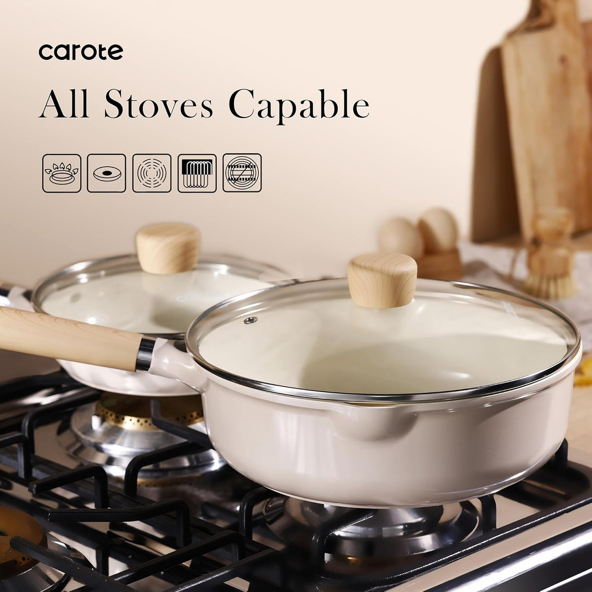 CAROTE 10" Ceramic Saute Pan wilt Lid, Non Stick Frying Pan Skillet Chef's Pan, Healthy & PFOA/PFAS Free, Induction-Compatible, Taupe