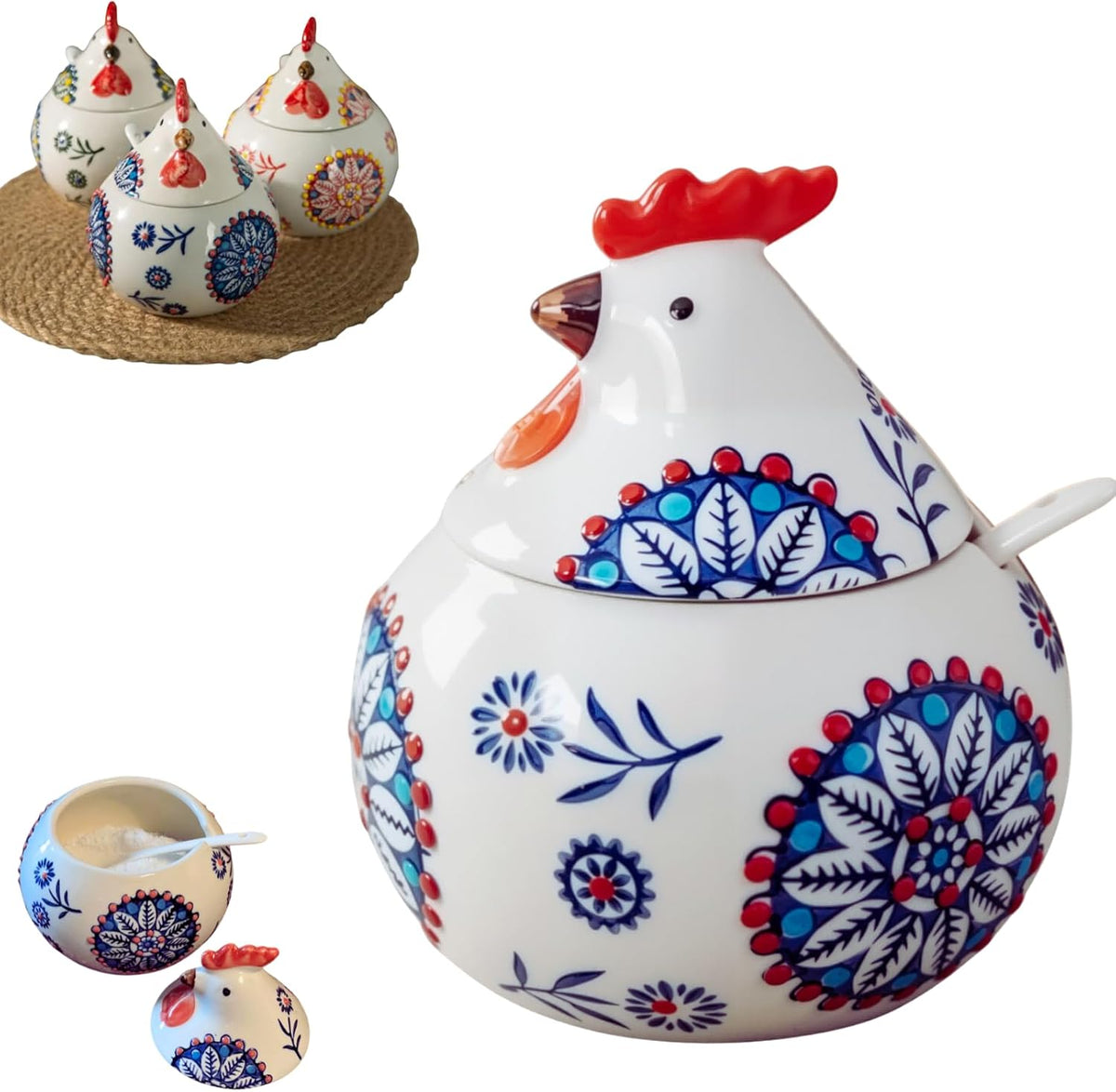 13.5 Oz Salt Cellar With Lid and Spoon (Blue)- Ceramic Chicken Spice Jars for Salt, Sugar, Pepper - Spice Containers for Countertop