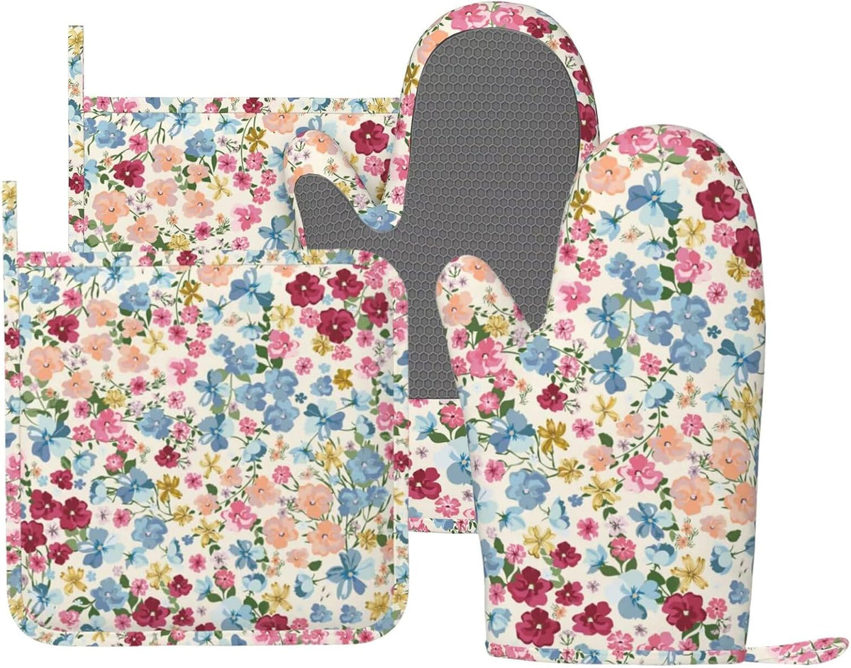 Wild Flowers Floral Meadow Oven Mitts and Pot Holders Set of 4 Silicone Kitchen Mitten Gloves and Non-Slip Potholders Set Heat Resistant Oven Gloves Hot Holders for Kitchen