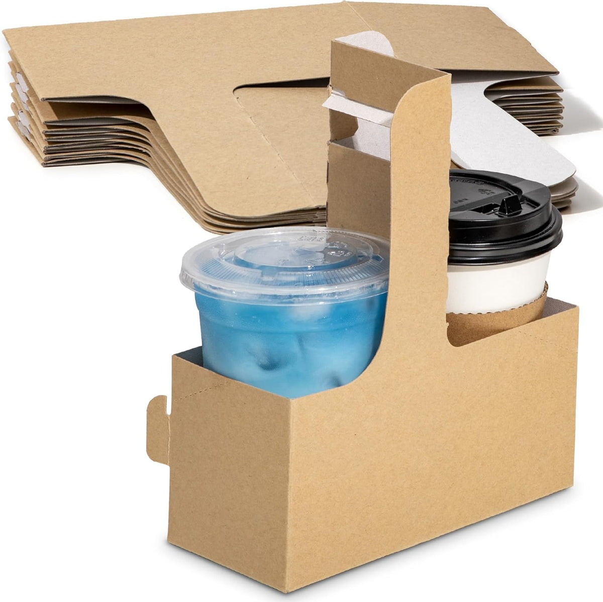 FMP Brands 2 Cup Disposable Drink Carrier with Handle, 60 Pack Kraft Paperboard Handled Drink Carriers 12-30 oz to Go Coffee Cup Holder, Cup Carrier for Cold Hot Drinks, Takeout, Cafe
