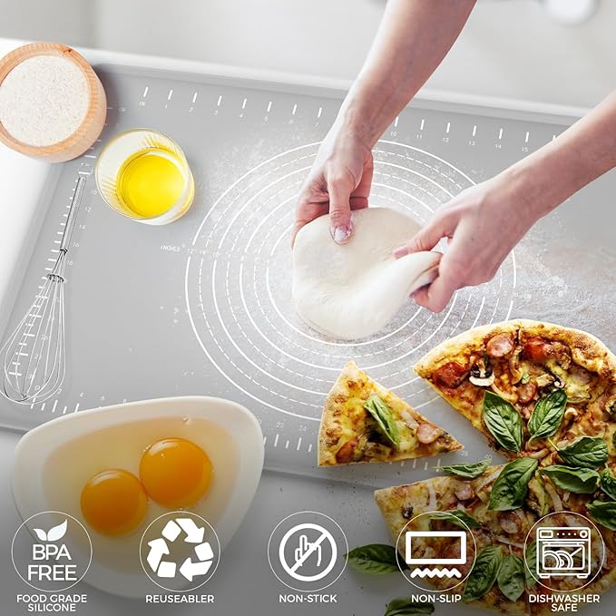 Silicone Baking Mat 24" x 16", Extra Thick Dough Rolling Mat with Measurements and Edge Heightening, Non-stick Food Grade Silicone Pastry Mat for for Pastry, Bread, Cookies, Pizza, Fondant, Pasta