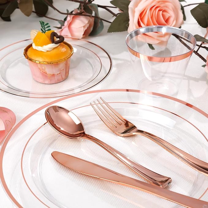bUCLA 600PCS Clear Rose Gold Plastic Dinnerware Set Disposable - Include 100 Dinner Plates, 100 Dessert Plates, 100 Knives, 100 Forks, 100 Spoons, 100 Cups for Party, Wedding & Mother’s Day