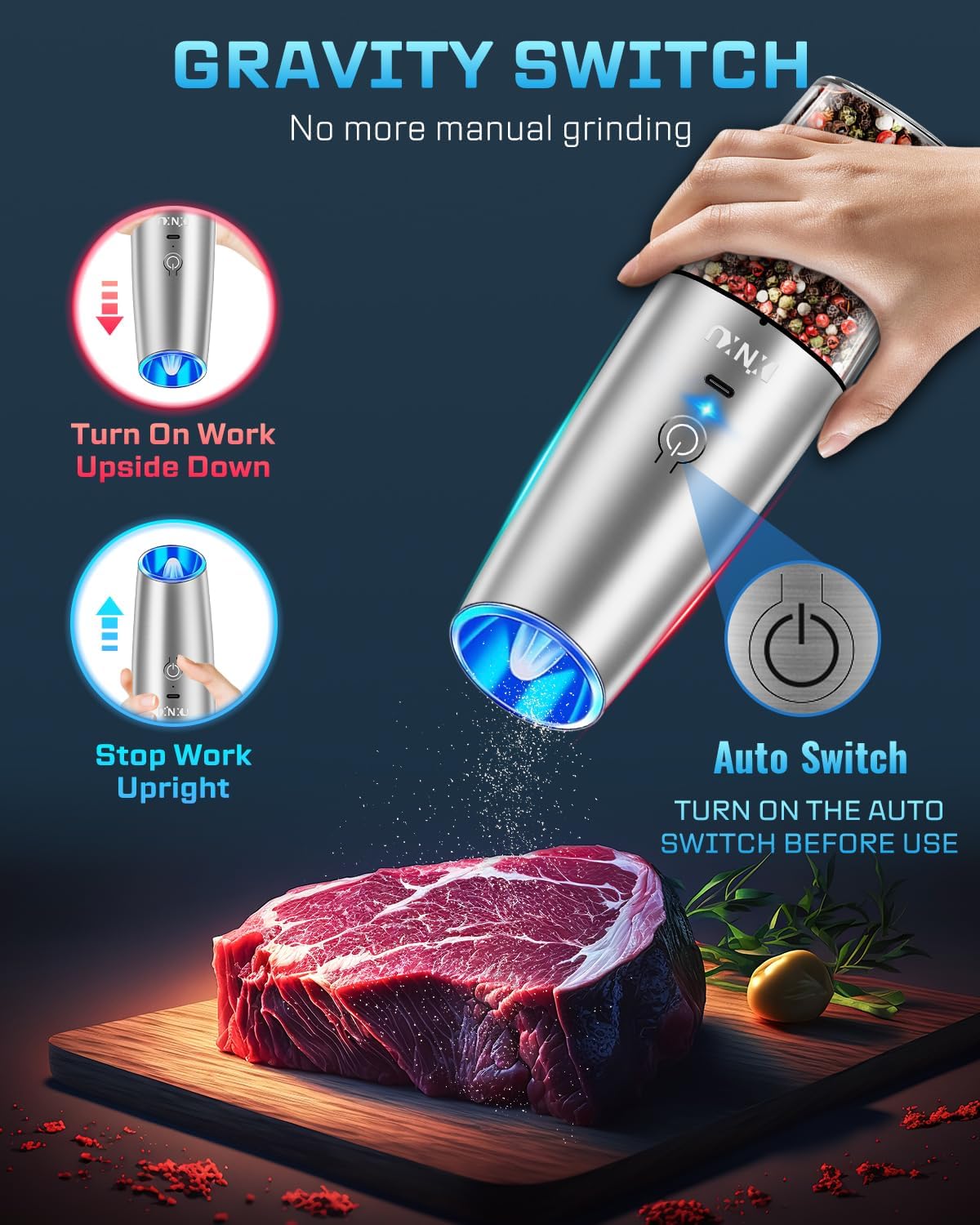XinXu RECHARGEABLE Pepper and Salt Grinder Set,Automatic Pepper Mill,USB Rechargeable,Adjustable Coarseness,One-handed Operation,Ceramic Burr,Refillable,Auto Grinders Shakers LED Light,Sliver