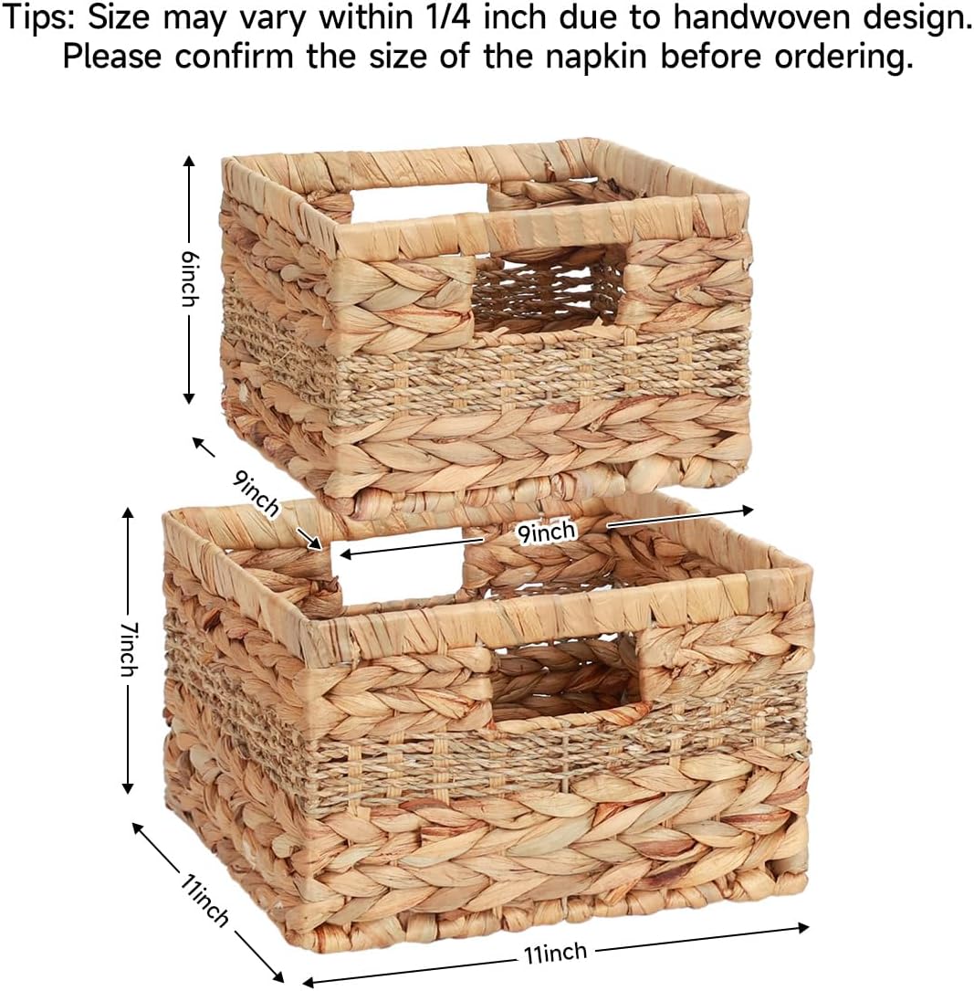 Wicker Storage Baskets with Built-in Handles, Natural Water Hyacinth and Seagrass, Decorative Handmade Storage Baskets for Organizing, Set of 2, Large and Small