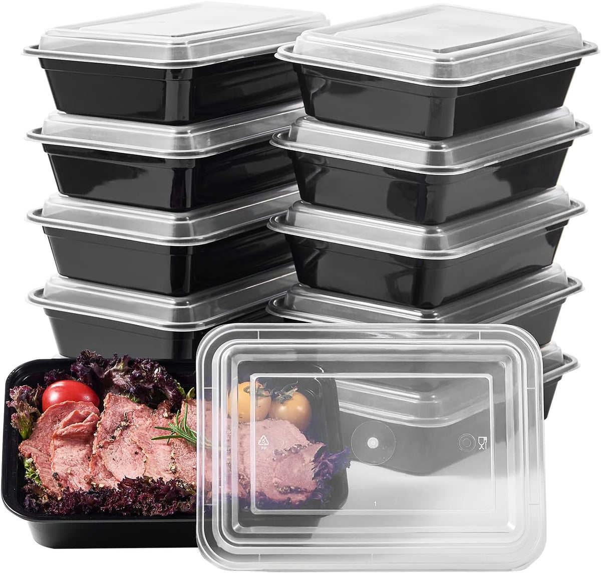 FULIGN 24 oz Meal Prep Containers With Lids Reusable 150 Pack Extra-thick Plastic Food Storage Black Disposable To Go Lunch Box BPA Free Stackable Microwave Dishwasher Freezer Safe