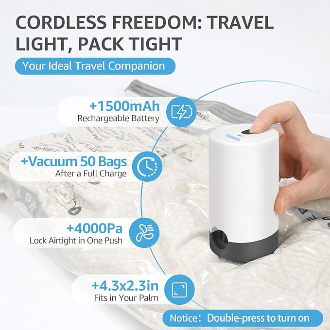 Vacuum Bags for Travel with Rechargeable Pump, 15 Packs of 3 Sizes Vacuum Seal Bags for Clothing, Space-Saving Compression Vacuum Travel Bags for Luggage, Vacuum Packing Bags for Closet Organization
