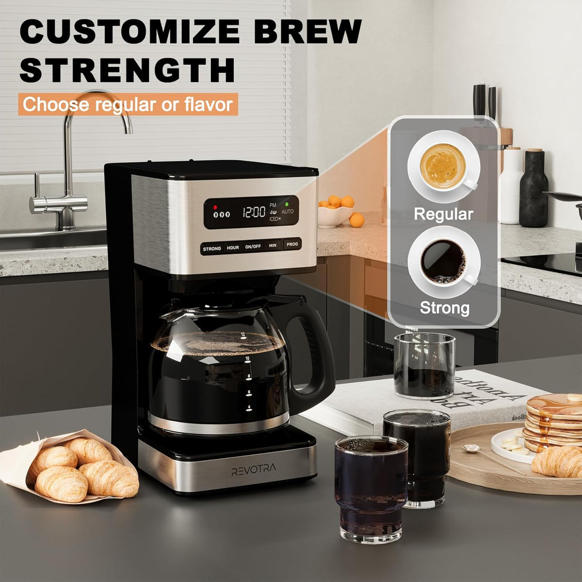 12-Cup Programmable Coffee Maker, Regular & Strong Brew Drip Coffee Machine, 1-4 Cup and Ice Coffee Setting, 24H Timer, Auto Shut-Off, Keep Warm, Pause & Serve