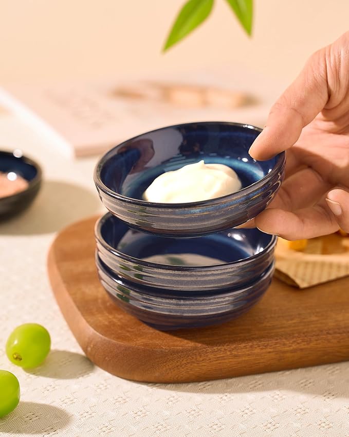 famiware Pluto Soy Sauce Dishes of 6, 3 oz Dipping Sauce Cups/Bowls/Dishes for Kitchen, Ceramic Small Bowls for Side Dish, Appetizers, Snacks, and Sushi, Reactive Glaze, Nebulas Blue
