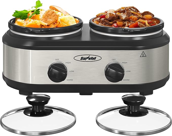 2 * 1.25 Quarts Dual Slow Cooker, Buffet Server & Warmer with 2 Removable Ceramic Pots, 3 Adjustable Temp Settings & 2 Visible Glass Lids, Stainless Steel, Silver