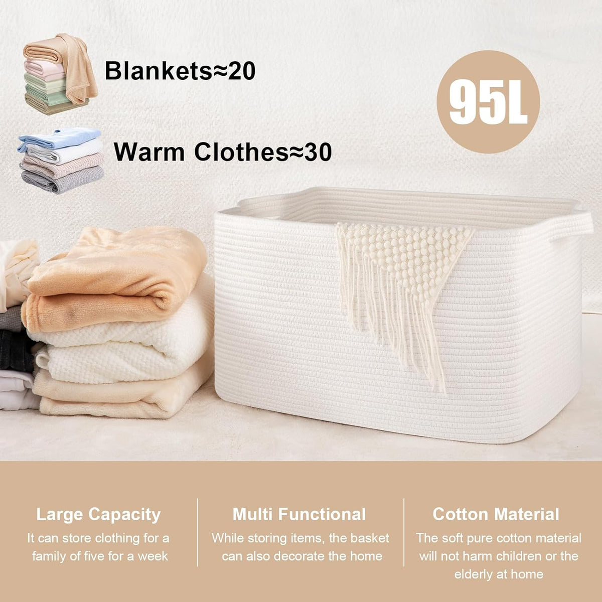 95L Large Storage Basket, Cotton Rope Woven Blanket Basket, Toy Storage for Baby Room, Living Room, 24" x 16.9" x 14.2", White