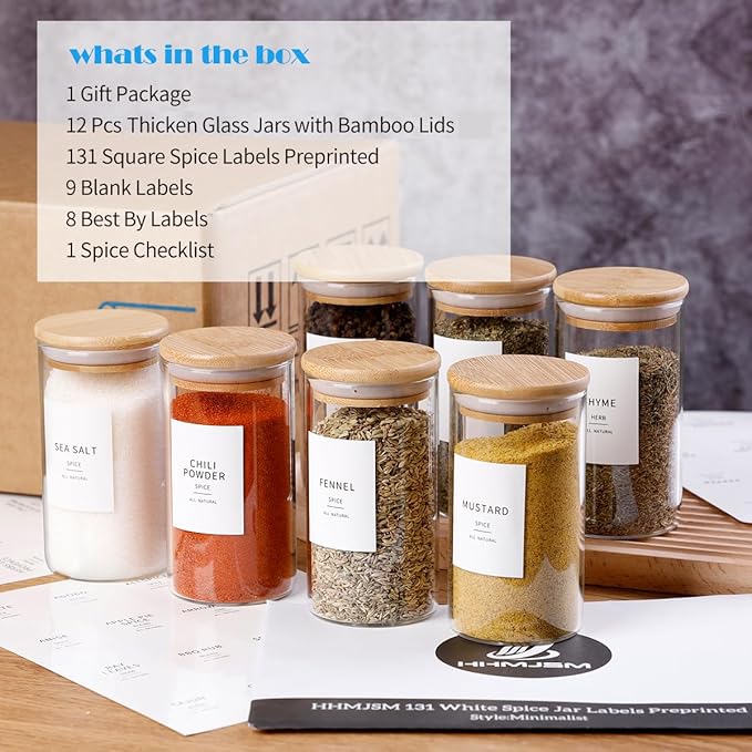 12 Pcs Glass Spice Jars With Bamboo Airtight Lids, 8oz Thicken(2.4mm) Spice Containers With 148 Minimalist Preprinted Waterproof Spice Labels, Kitchen Empty Small Storage Jars For Seasoning, Herb