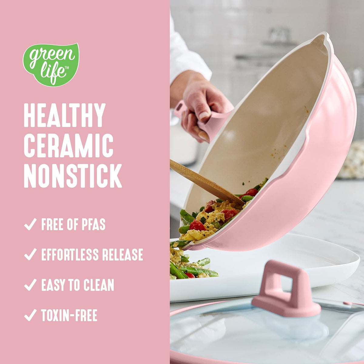 GreenLife Nonstick 12” (5QT) All in One Deep Skillet Wok with Lid, PFAS-Free Non-Toxic Ceramic Multi-Purpose Pan, Induction, All Stovetop, Egg, Stir Fry, Saute, Stay Cool Handle, Pink