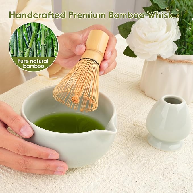 Matcha Whisk Set – Ceramic Matcha Set with Matcha Bowl, Matcha Whisk & Holder, Bamboo Scoop, Tea Towel – 5-Piece Japanese Matcha Kit for Matcha Lovers, Beginners & Gifting (Gray, 17oz)
