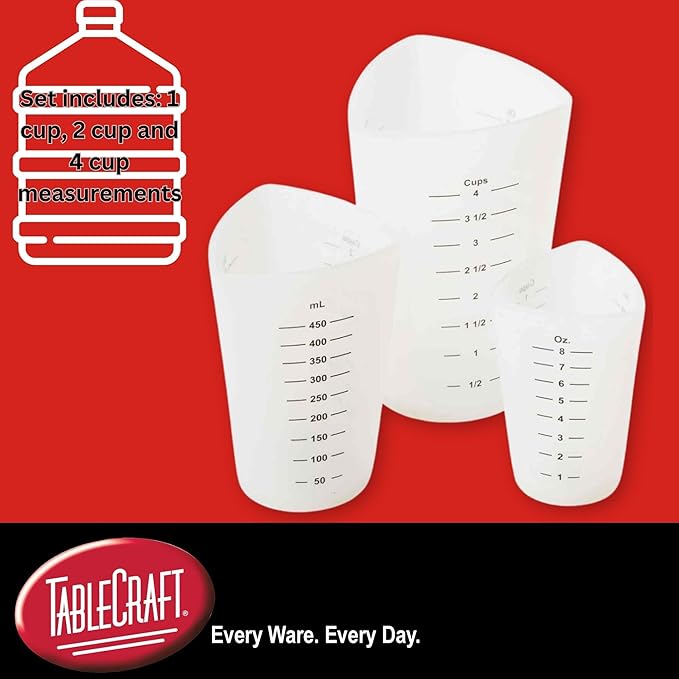 Tablecraft Flexible Measuring Cups, Silicone, Set of 3, Includes: 1, 2 & 4 Cups, White