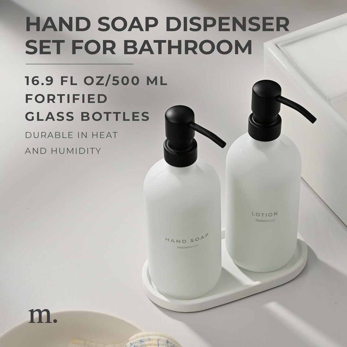 MaisoNovo Soap Dispenser 3-Piece Set | 16.9oz White Bottles with Black Stainless Steel Pumps