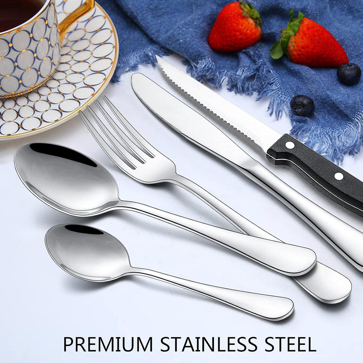 Wildone 72-Piece Silverware Set with Steak Knives, Stainless Steel Flatware Cutlery Set Service for 12, Tableware Eating Utensils Include Knives/Forks/Spoons, Mirror Polished, Dishwasher Safe