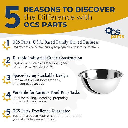OCS Parts 8 Quart Mixing Bowls | Set of 2 | 13.25-Inch Stainless Steel Professional Grade Flat Base Mixing Bowls for Home and Commercial Kitchens