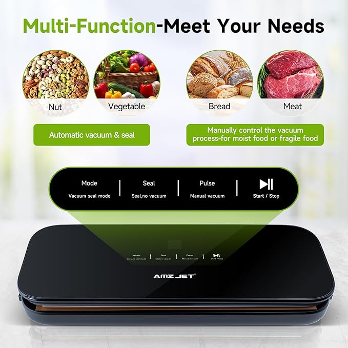 Vacuum Sealer for Food - Tempered Glass Panel, LED Touch Control, Digital Display, Pulse/Moist/Dry/Seal/External Suction Modes, Includes 30 Vacuum Bags & Built-in Cutter(Black)