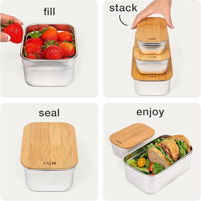 Stainless Steel Food Containers with Bamboo Cutting Board Lids | Set of 3 Reusable Meal Prep Boxes | Airtight Leak-Resistant | Dishwasher Safe | BPA-Free | 2, 4, 6 Cup Sizes