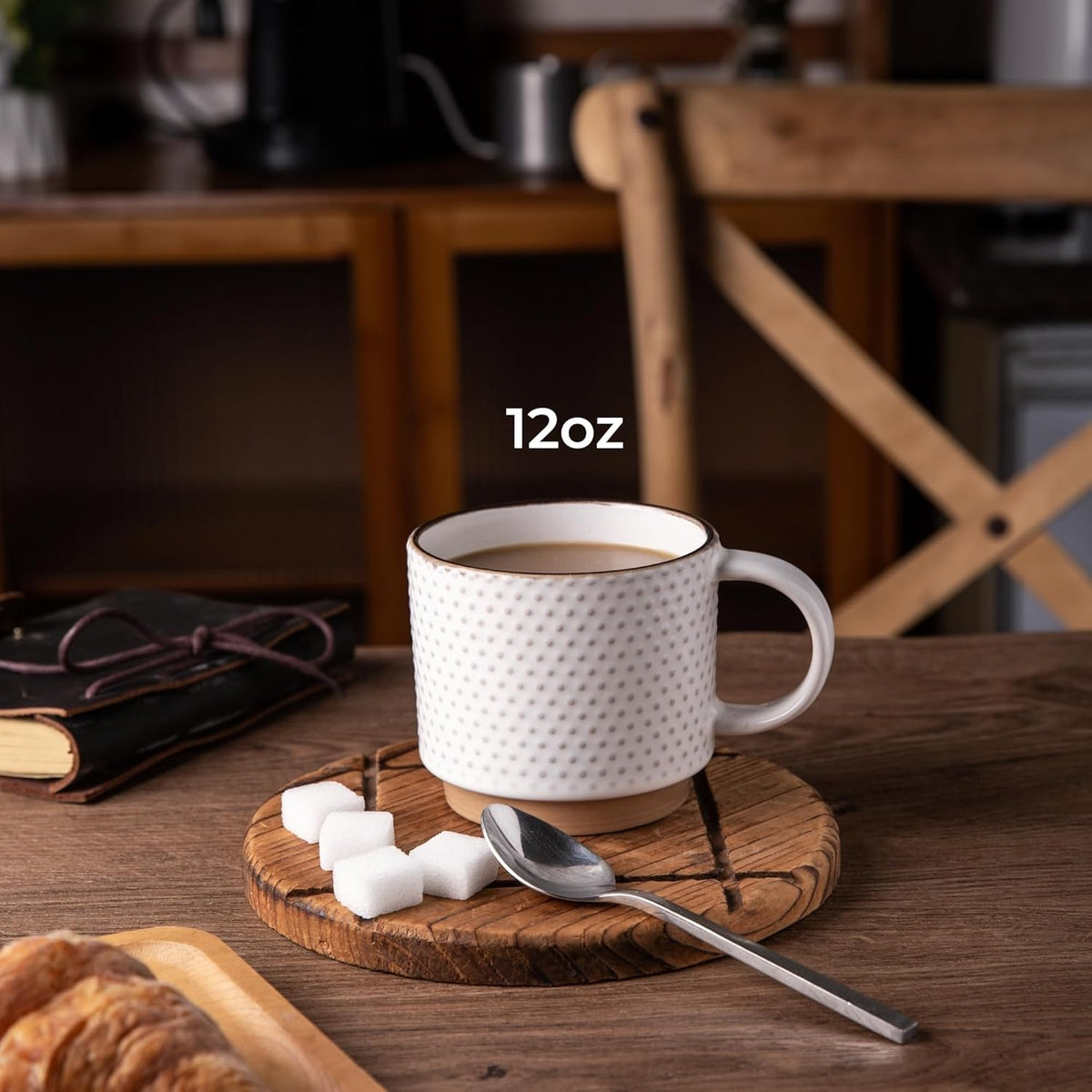 GBHOME 12OZ Stackable Coffee Mugs, Ceramic Coffee Mugs with Texture Patterns for Man,Woman,Dad,Mom, Modern Coffee Mugs Set of 4 for Latte/Cappuccino/Cocoa. Dishwasher&Microwave Safe, Off White