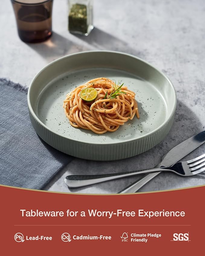 famiware Star 8.25" Pasta Bowls, Large Dinner Bowls Set of 6, Salad Bowl Plates, Shallow Bowls for Eating, Light Green