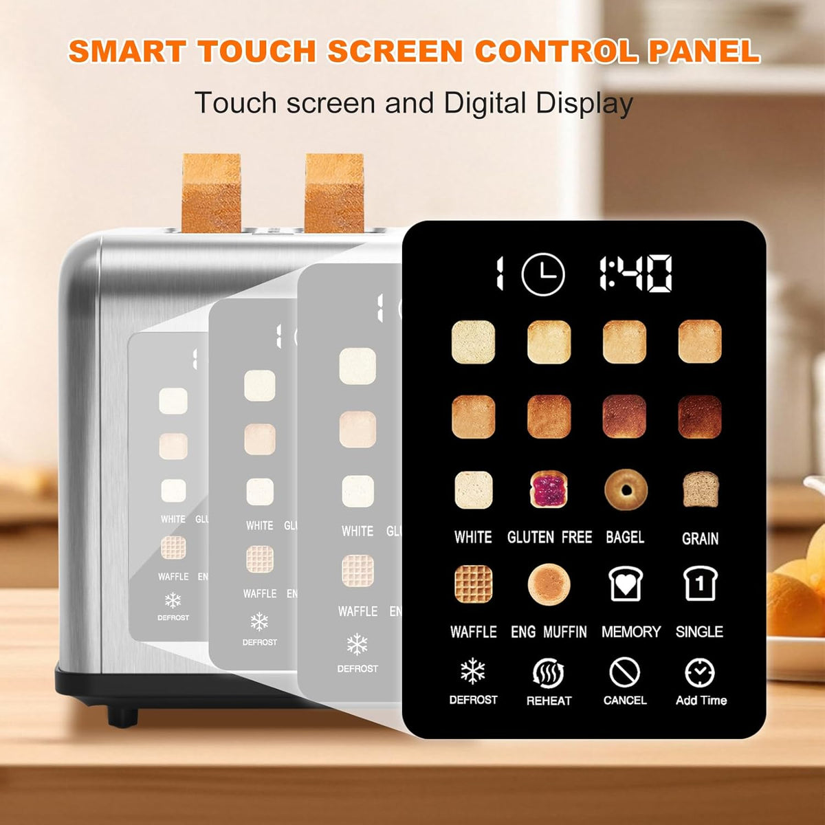 2 Slice Toaster Touch Screen, Stainless Steel Toasters Digital Timer 2 Slot Toasters, 8 Shade Settings 6 Bread Types for Bagel, Cancel, Defrost（Stainless Steel）