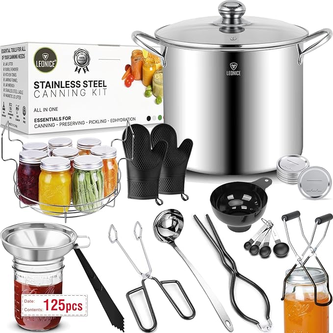 Canning Supplies Starter Kit - Water Bath Canning Pot with Rack,Stainless Steel Canner Kit Set Tools: 2pcs Funnels,3 in 1 Lid Lifter,Ladle,Tongs,Silicon Gloves & Accessories Equipment for Beginner