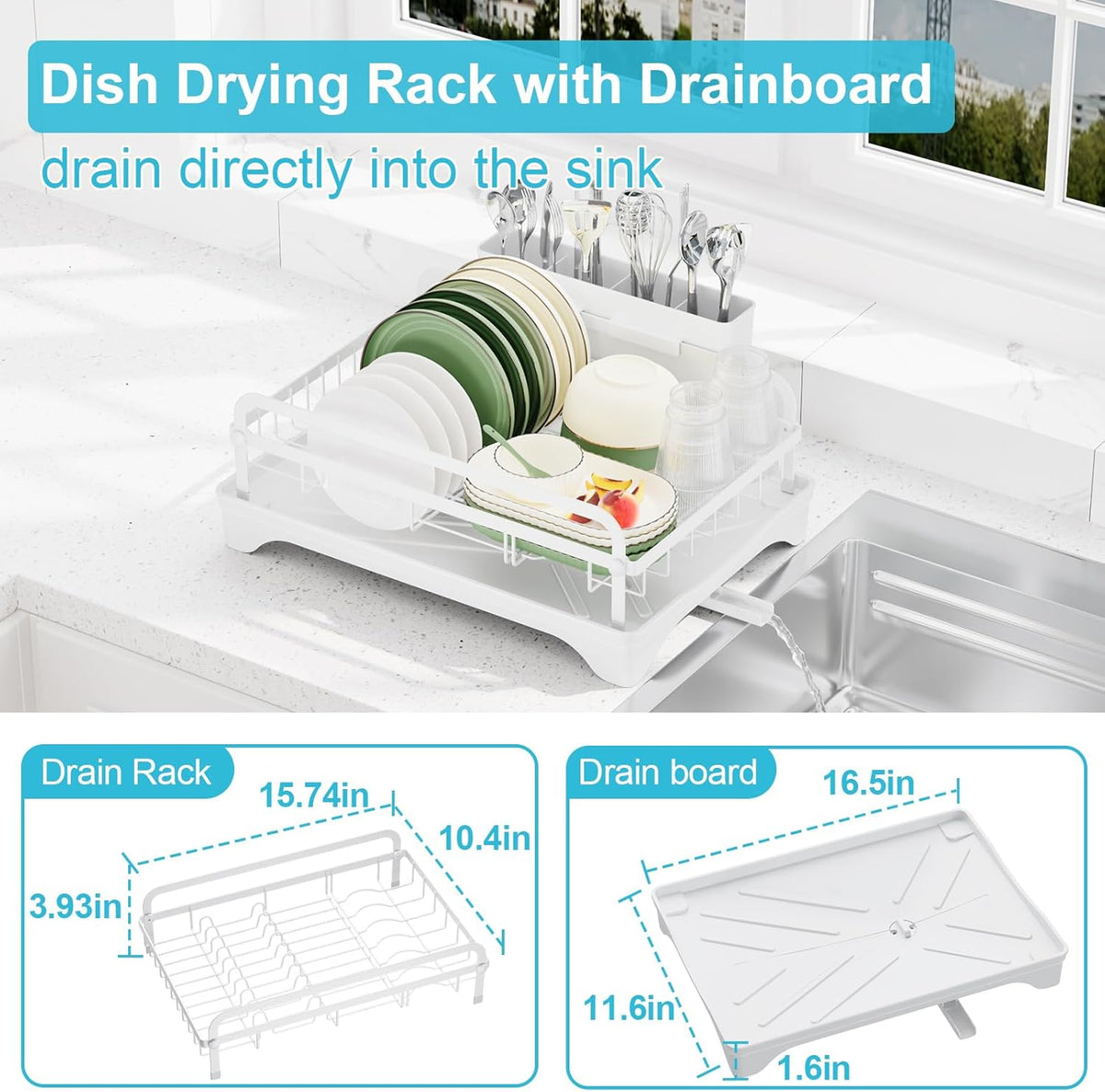 Dish Drying Rack for Kitchen Counter - Large Capacity Dish Drying Rack with Drainboard, Kitchen Sink Dish Rack, Countertop Dish Drainer Rack with Cutlery Holders Dish Dryer Rack White