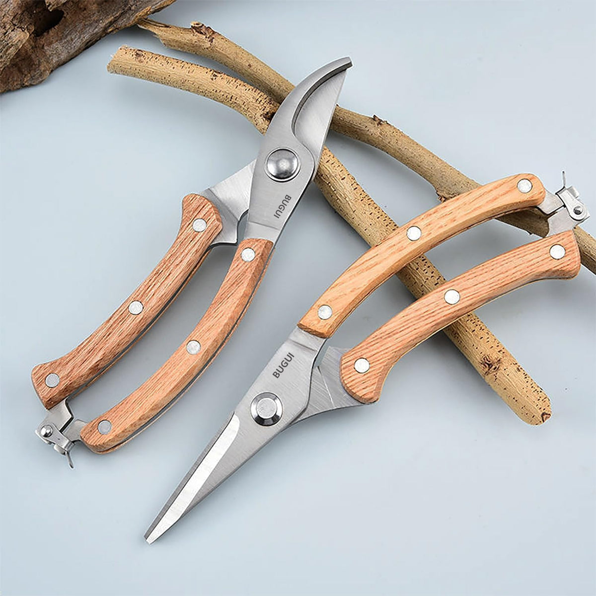 BUGUI 8” Wood Handle Garden Scissors, Set of 2, Includes Bypass Pruning Shears and Long Straight Tip Clippers, Premium Gardening Tools with Precision-Ground SK-5 Steel Blade