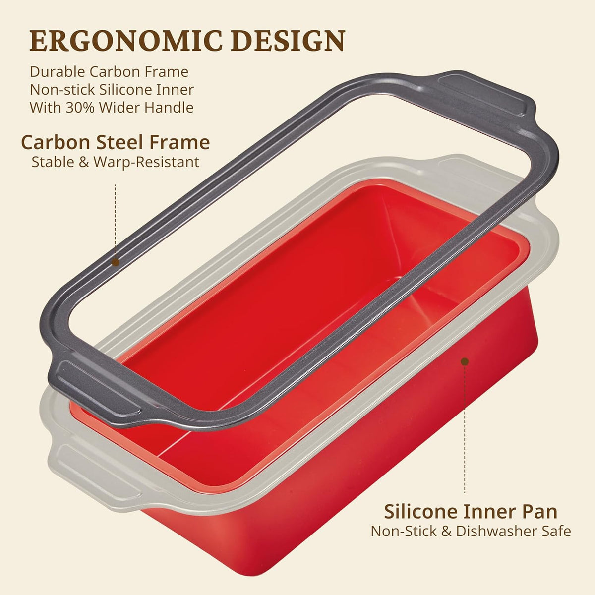 BRONYPRO 9x5 Inch Non-Stick Bread Loaf Pan,Non-Toxic Silicone Baking Mold For Homemade Bread,Heavy-Duty Steel Frame,Dishwasher Safe-Red