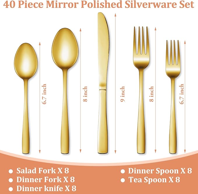 40 Pcs Gold Silverware Set, Stainless Steel Flatware Set for 8, Food-Grade Cutlery Set, Mirror Polished Tableware Eating Utensils Set for Home Kitchen, Include Knife Fork Spoon Set, Dishwasher Safe