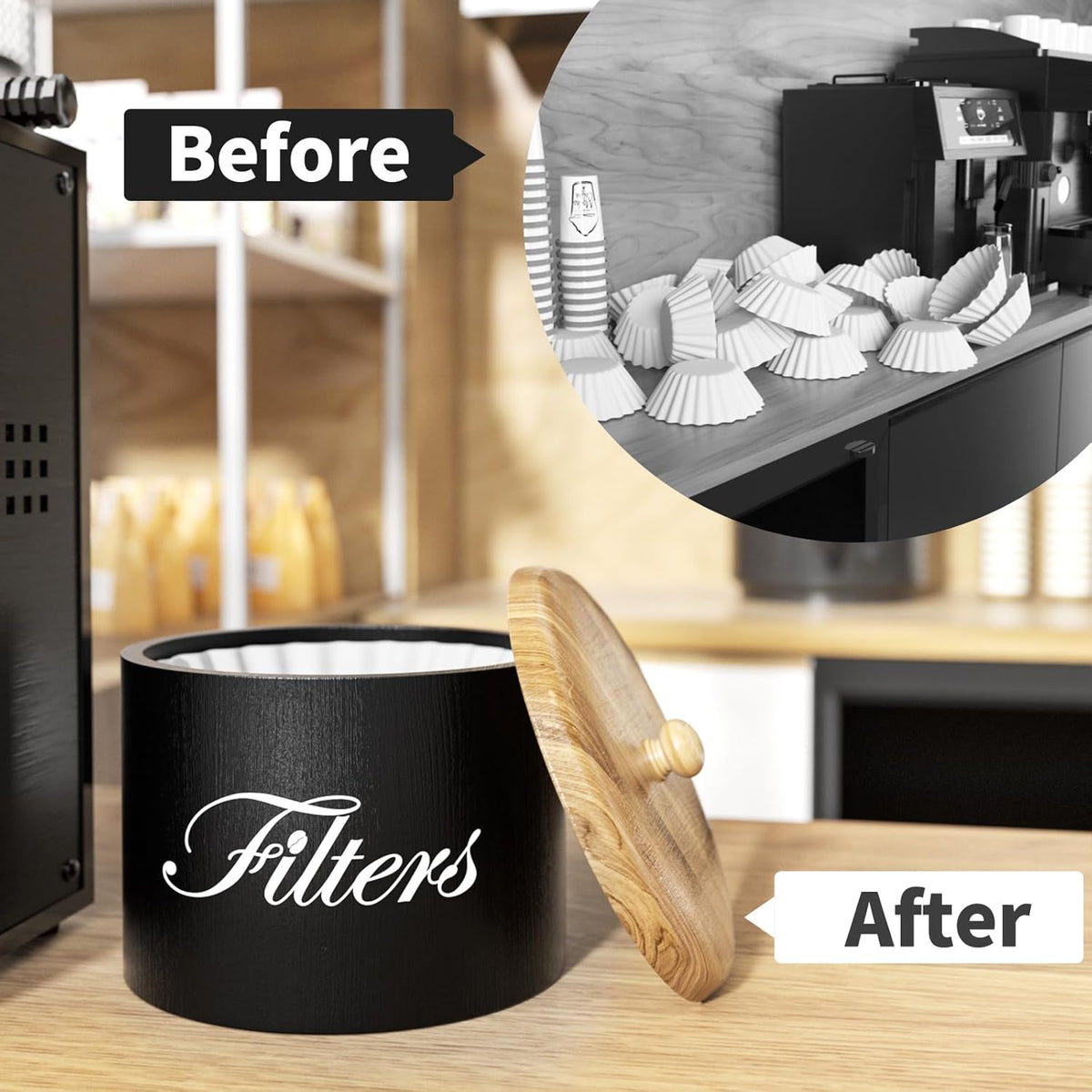 Wooden Coffee Filter Holder, Basket Storage Container for Counter, Black Small Bar Accessories for Coffee Bar Station(Black Wooden)