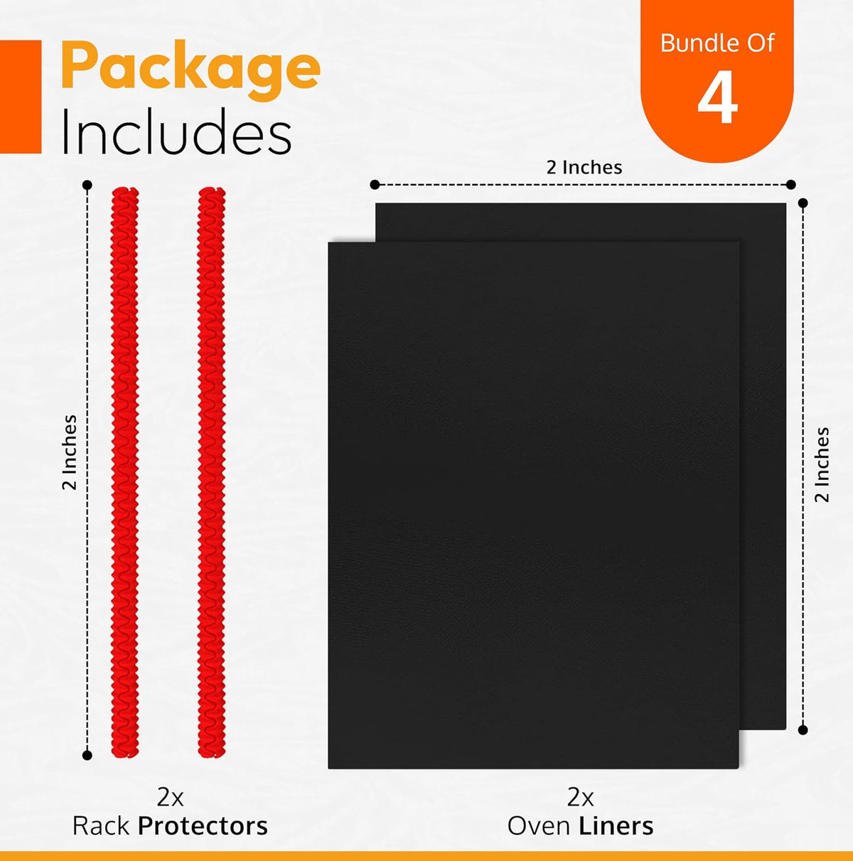 Oven Liners for Bottom of Oven Black (2-pack) Bundled with Rack Shield (2-pack) - Large Mat for Bottom of Range (17"x 25") and 14" Orange Stove Guards for Racks - Reusable & Heat Resistant