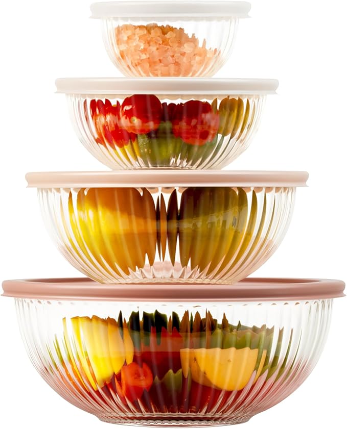 Freshmage Glass Mixing Bowls with Lids Sets, 4 Packs Glass Bowls with Lids for Kitchen Baking, Meal Prepping and Salad, Bpa Free and Dishwasher Safe Serving Bowls, 0.2/0.5/1.1/2.1