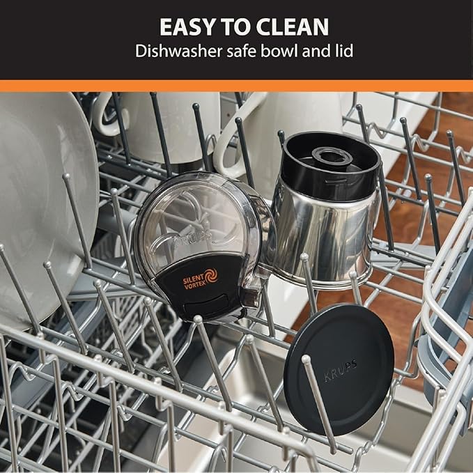KRUPS: 3oz Coffee Grinder, Ultimate Silent Vortex Plastic and Stainless Steel Grinder with Removable Bowl Mess-Free, 8 Times Quieter, 2 Speeds 240 Watts,Dry Herbs,Dishwasher Safe,12 cups ground Silver