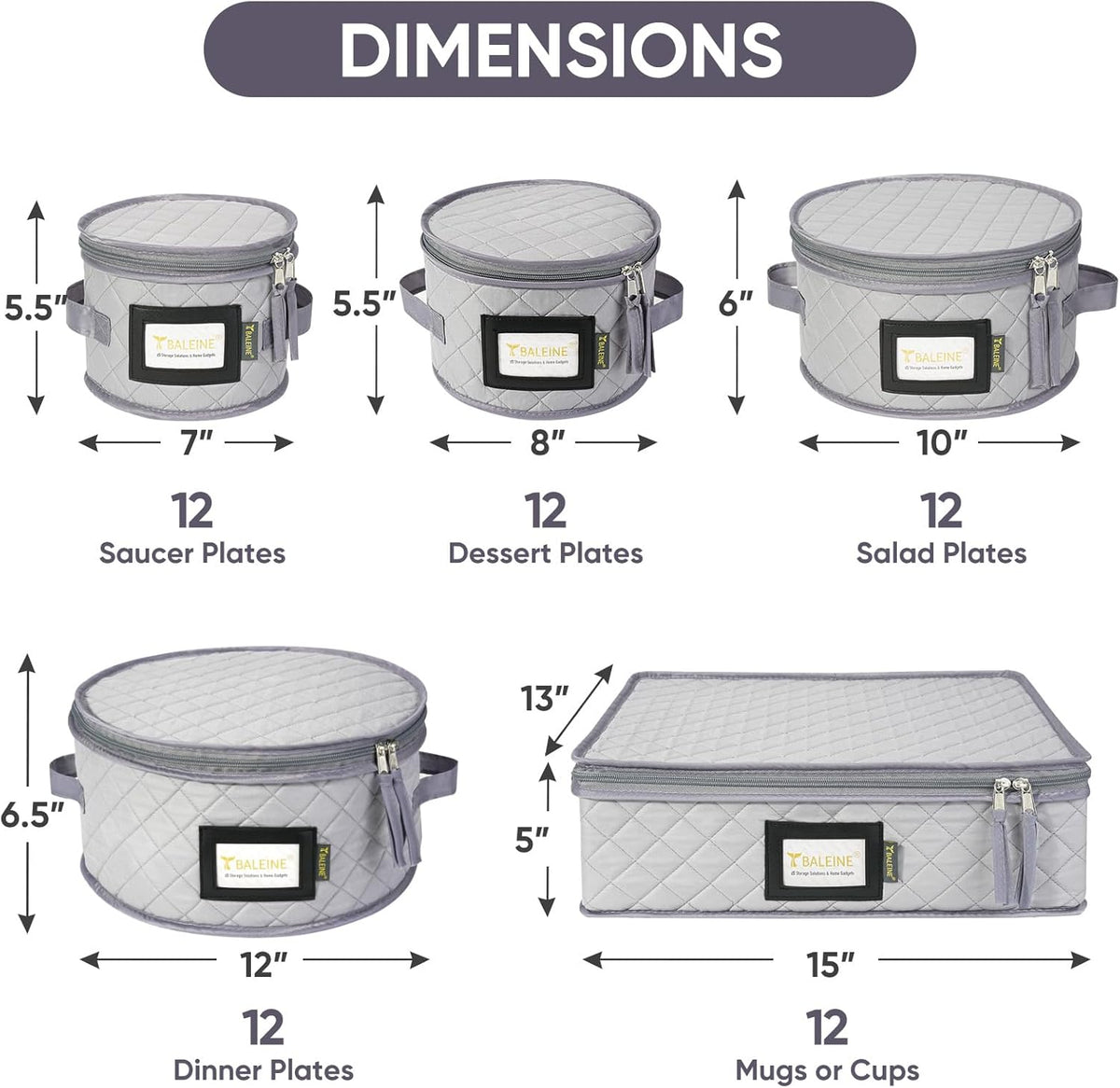 BALEINE China Storage Containers, Sturdy Quilted Wine Glass Storage, Plate Organizer with Carry Handles, Moving Boxes for Dishes, Cups, Mugs and Stemware (Plate Mug Combo, Soft Shell Grey)