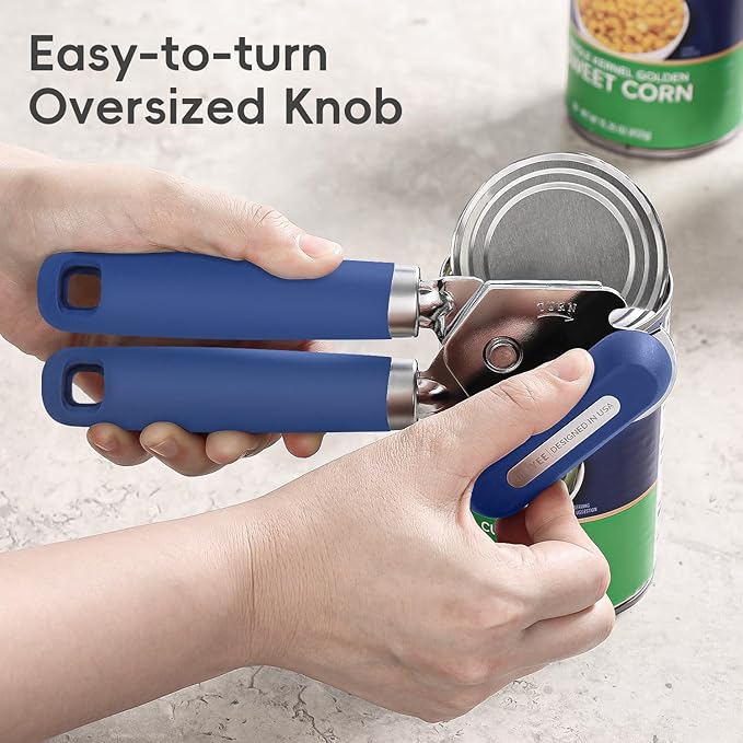 Can Opener Manual, UHIYEE Hand Held Manual Can Openers Heavy Duty with Smoother Cut Sharp Blade, Manual Hand Can Open with Soft Handle, Easy to Turn Knob, Magnetic Lid Lifter, Blue