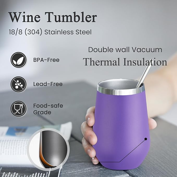 MEWAY 12oz Stainless Steel Wine Tumbler with Lid and Straw - Double Wall Stainless Steel Coffee Mug, Gift for Woman Under 10 dollars， 4 Pack Bulk tumblers(Purple,Set of 4)