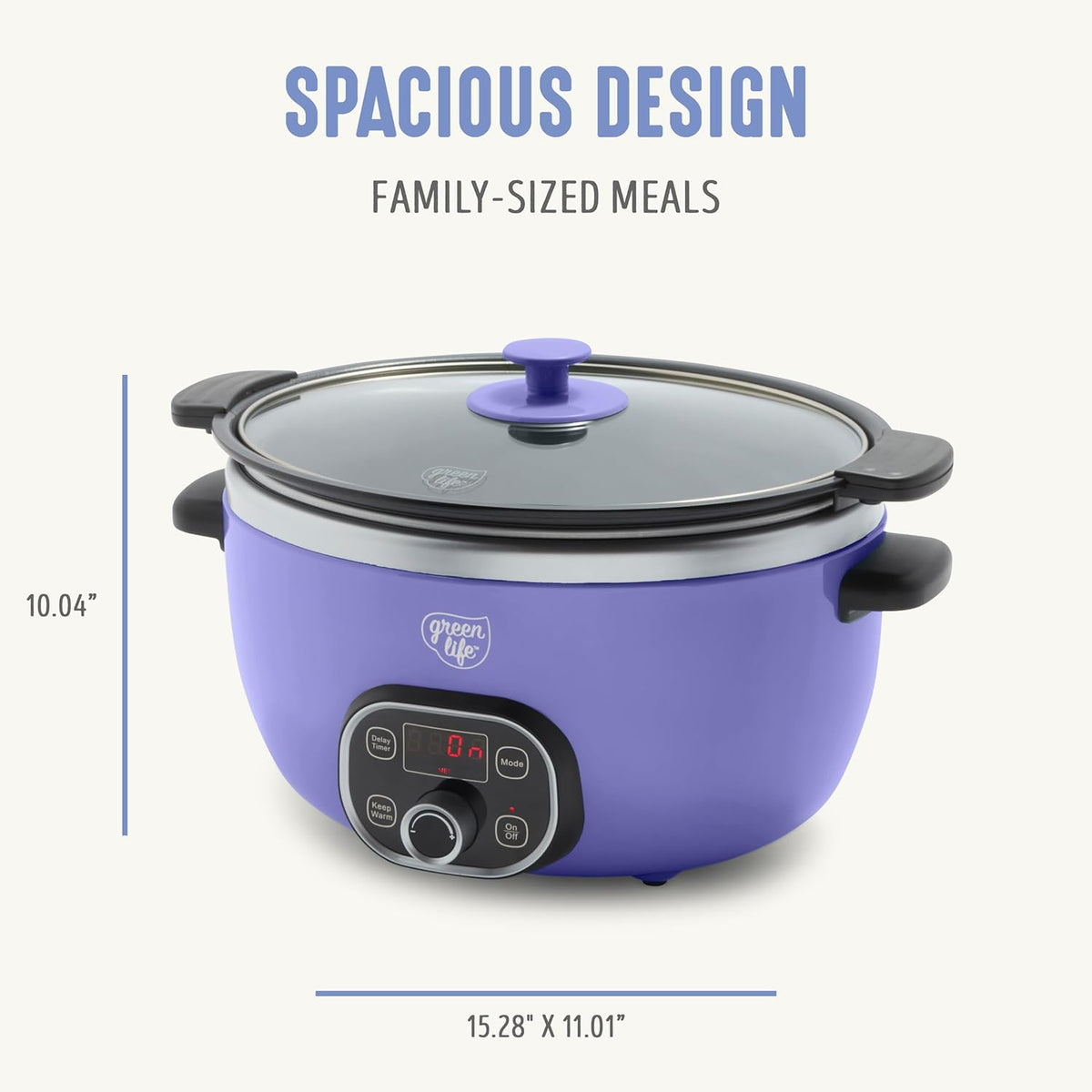 GreenLife 6 Quart Ceramic Slow Cooker, PFAS-Free, Programmable, Removable Healthy Nonstick Pot for Family Meals, Sear on Stovetop, Keep Warm, Digital Timer, Dishwasher Safe Glass Lid, Periwinkle