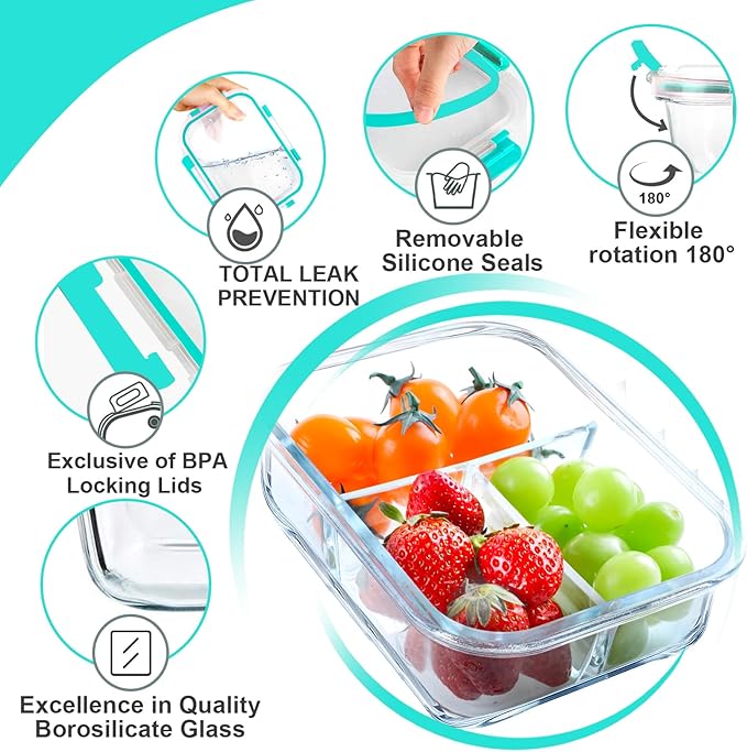 VERONES 5 Pack Glass Meal Prep Containers 3 Compartment Set, 36OZ Airtight Glass Lunch Containers, Glass Food Storage Containers with Lids, for Microwave, Oven, Freezer & Dishwasher Friendly,Green