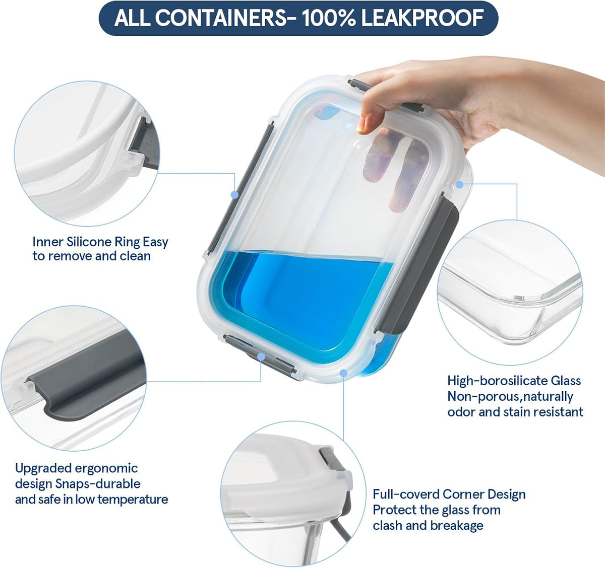 GENICOOK GC [10-Pack] Glass Meal Prep Containers with Lids, Food Storage Containers with Snap Locking Lids, Airtight Lunch Containers, Microwave, Oven, Freezer and Dishwasher