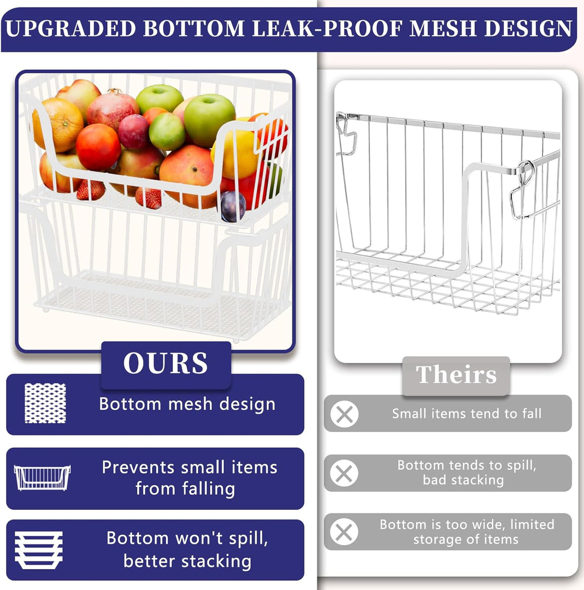Enhanced Leak-Proof Bottom Stackable Wire Baskets, 5 Pack Pantry Organizers and Storage, pantry storage，Shelf Baskets, Fruit Basket, Potato and Onion Storage Bins，(White)