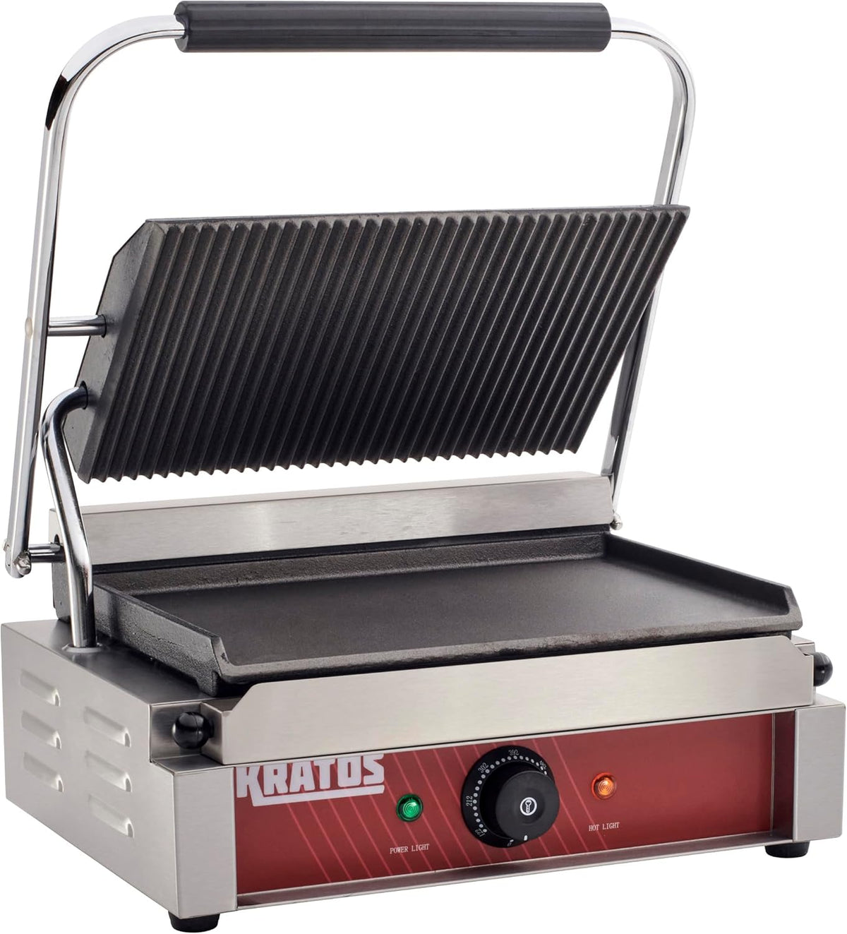 Kratos Commercial Electric Panini Sandwich Grill with Grooved Top and Smooth Bottom Plates, 14" x 9" Cooking Surface, Commercial Countertop Panini Press, 120V, 1750W (29Y-022)