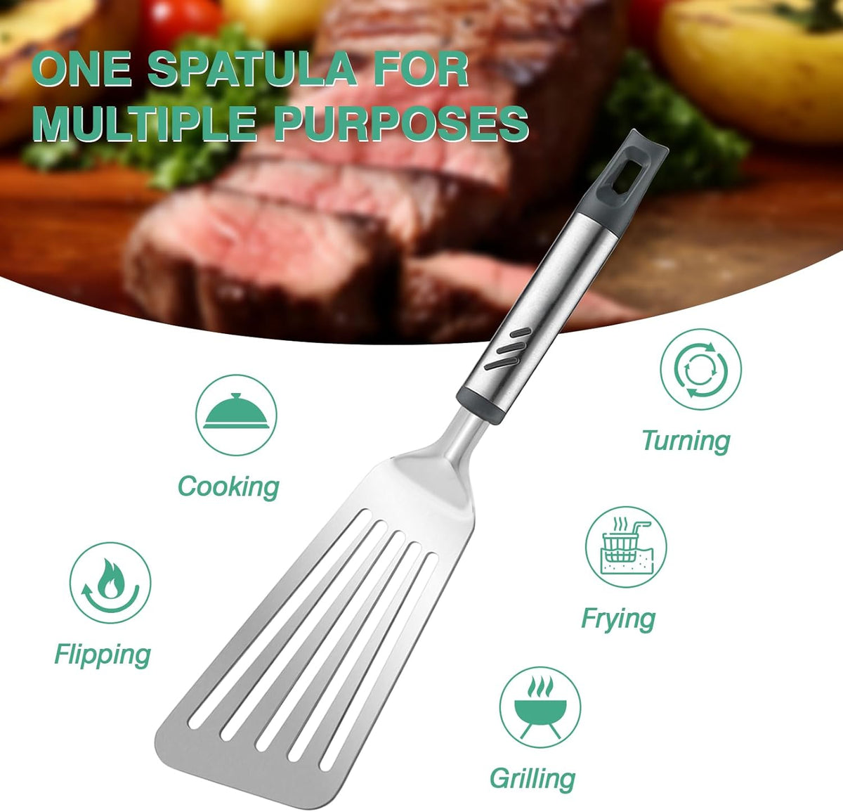 Fish Spatula, Stainless Steel Fish Turner Slotted Metal Spatula for Kitchen Use, Flipper Spatulas for Cast Iron Skillet, Egg, Meat, Cooking and Frying, Dishwasher Safe, Comfortable Handle